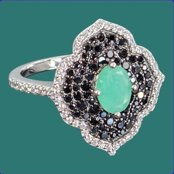925 Sterling Silver Ring Sz 8 with Natural Emerald 5x7mm & Blk Spinel Gems - Picture 9 of 9